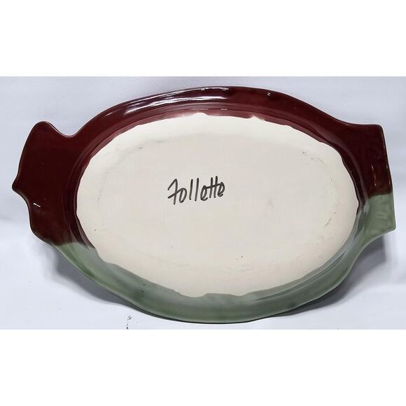 Kent Follette Pottery Chicken Serving Dish Tray Signed Cranberry/Green EUC - Picture 2 of 9